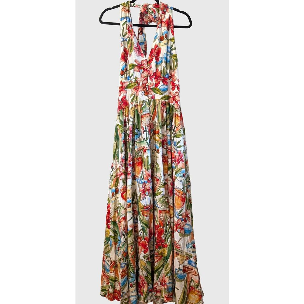 Farm Rio Cocktail Off-White Linen Blend Halter Maxi Dress M Tropical Fruit